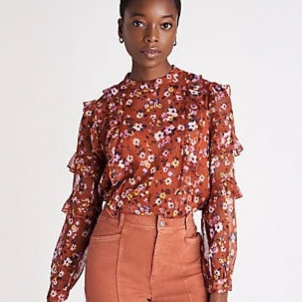 Ann Taylor Floral Ruffle Mock Neck Top